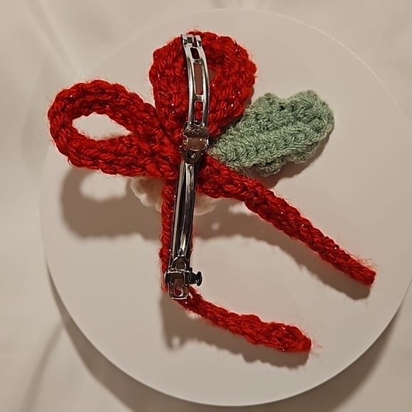 Hand Crafted Hand Knit Crochet Red Bow Barrete Hair Clip white and yellow flower - Picture 5 of 17